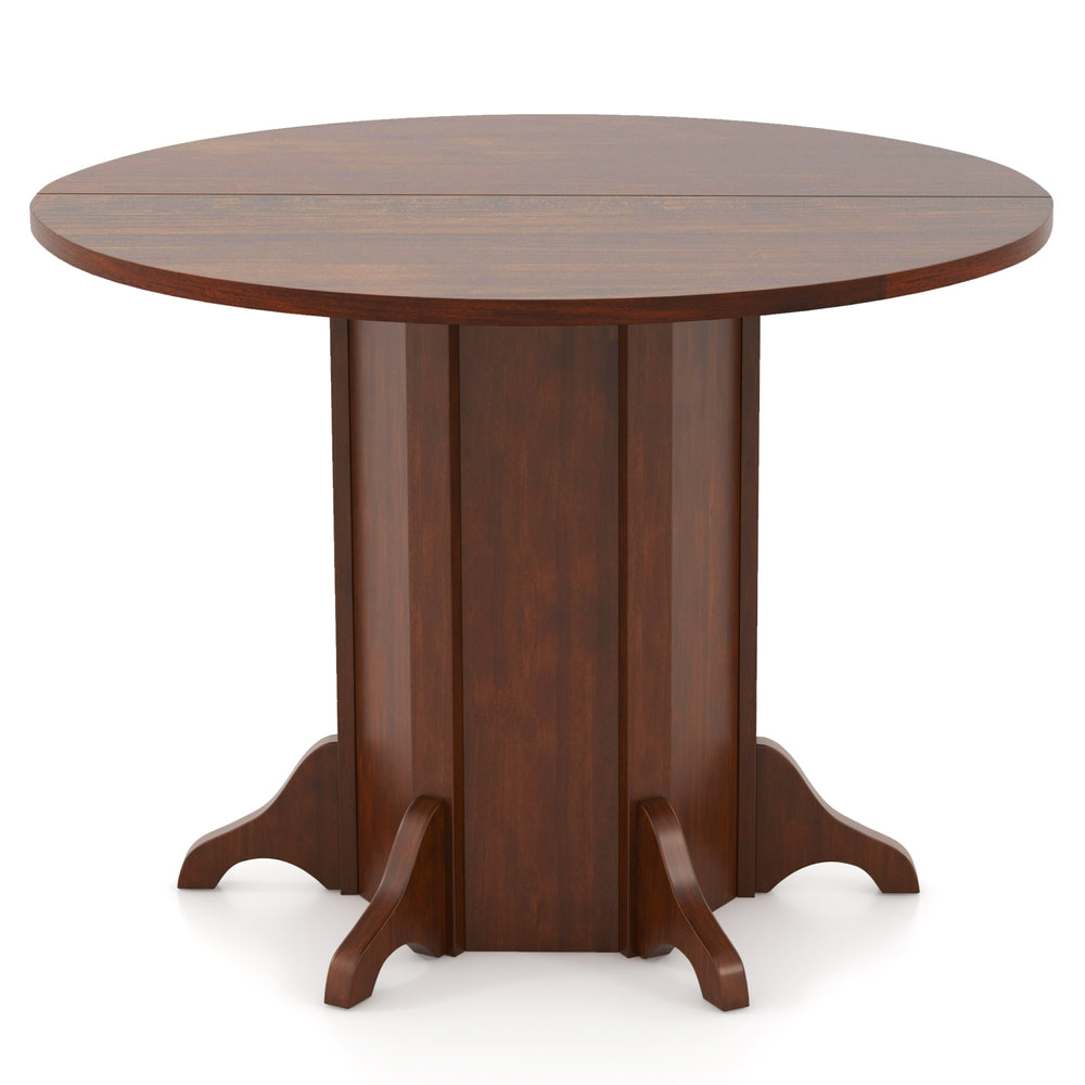 Round dining table with walnut finish, sturdy pedestal base, and spacious top for 4-6 people, ideal for various.