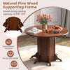 Round walnut dining table with a natural pine wood pedestal base, sturdy for 4-6 people, ideal for various occasions.