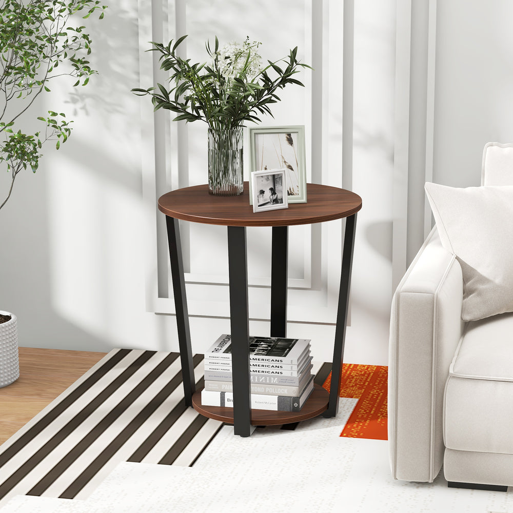 Round end table with walnut top and metal frame, featuring an open shelf for storage, ideal for living room decor.