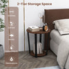 Round end table with walnut finish, metal frame, and open shelf for lamps and books, ideal for industrial-style decor.