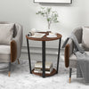 Round end table with walnut finish, metal frame, and open shelf, perfect for lamps and books in a stylish living room.