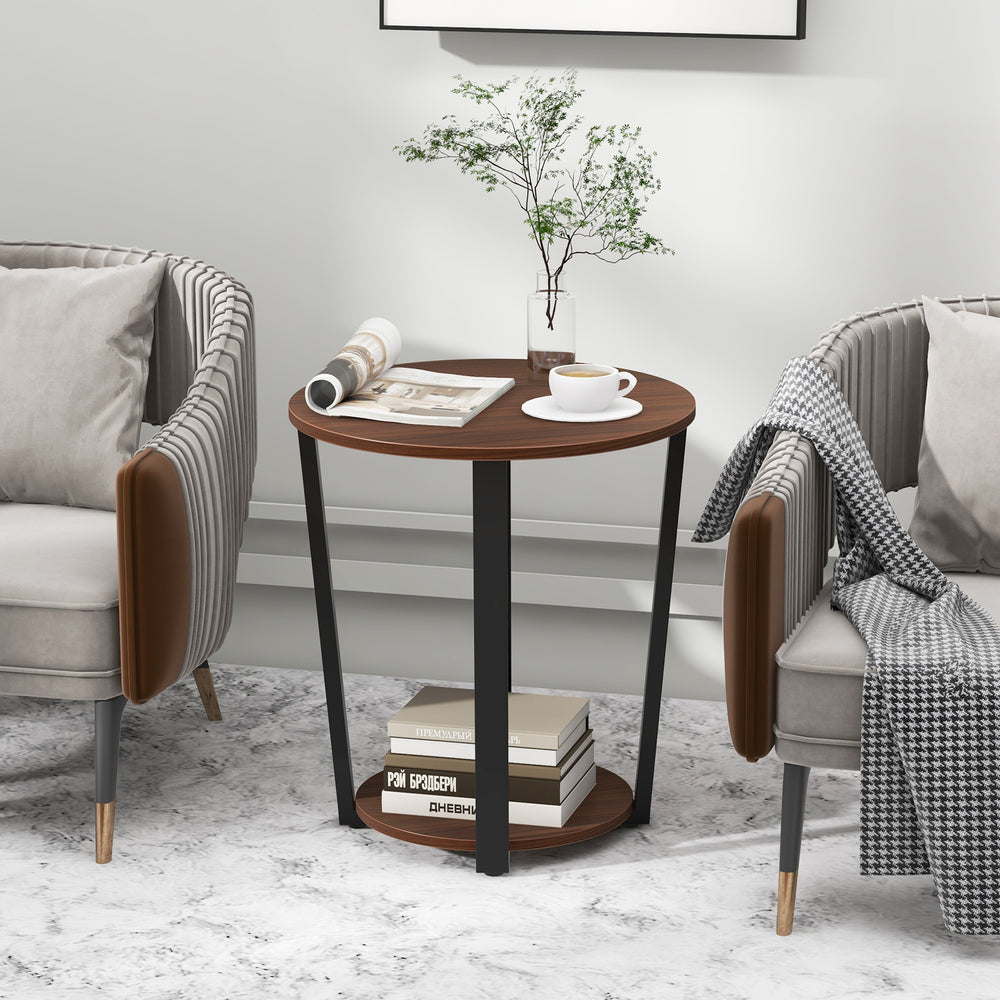 Round end table with walnut finish, metal frame, and open shelf, perfect for lamps and books in a stylish living room.