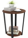 Round end table with walnut finish, metal frame, open shelf for storage, ideal for living room or bedside use.