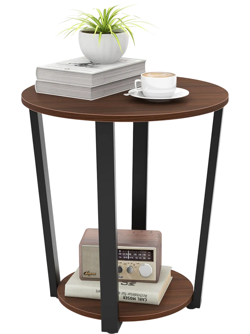 Round end table with walnut finish, metal frame, open shelf for storage, ideal for living room or bedside use.