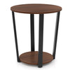 Round end table with walnut finish, metal frame, and open shelf for storage, perfect for lamps and books.