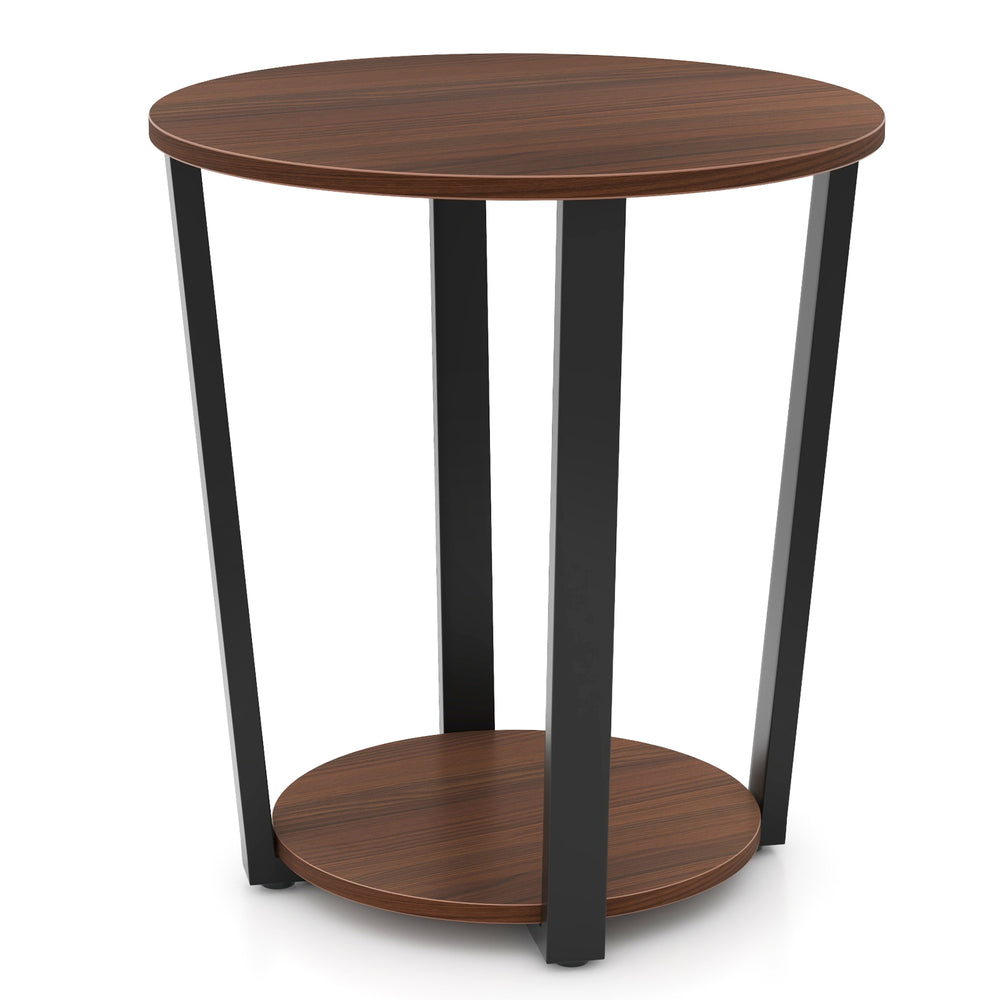 Round end table with walnut finish, metal frame, and open shelf for storage, perfect for lamps and books.