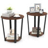 Round end table with walnut finish, metal frame, and open shelf, perfect for lamps and books in an industrial design.