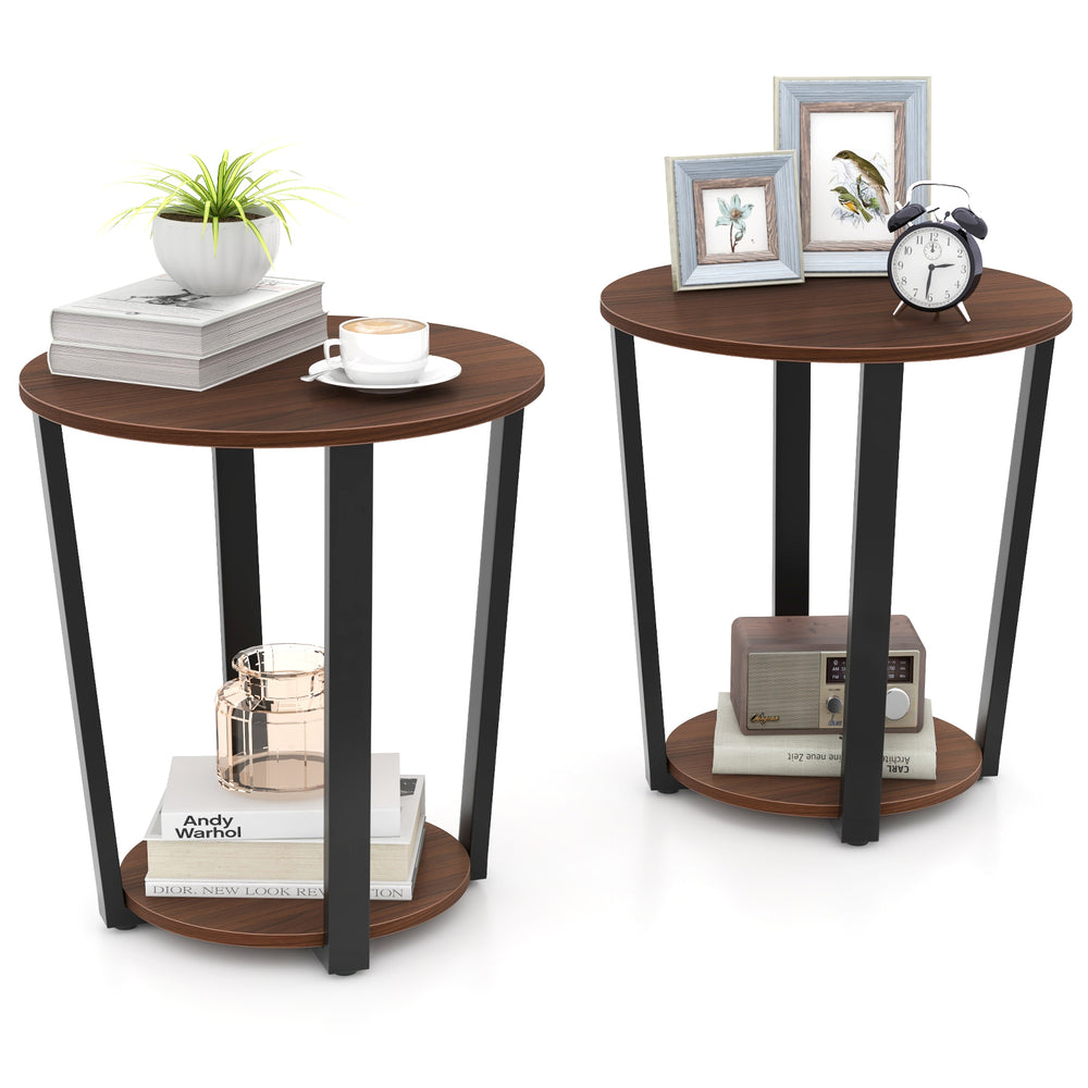 Round end table with walnut finish, metal frame, and open shelf, perfect for lamps and books in an industrial design.