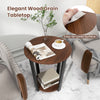 Round end table with walnut wood grain tabletop and metal frame, featuring an open shelf for storage and easy-to-clean.