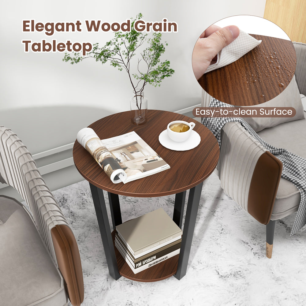 Round end table with walnut wood grain tabletop and metal frame, featuring an open shelf for storage and easy-to-clean.