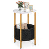 Round end table with a white top and gold metal frame, featuring a removable black felt basket for storage.