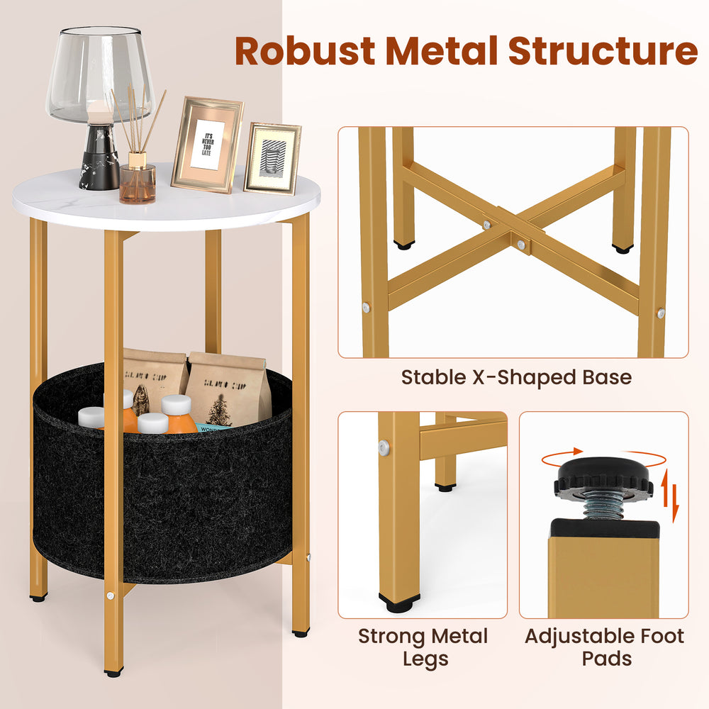 Round end table with a white top, metal frame, and removable felt basket, ideal for living rooms and bedrooms.
