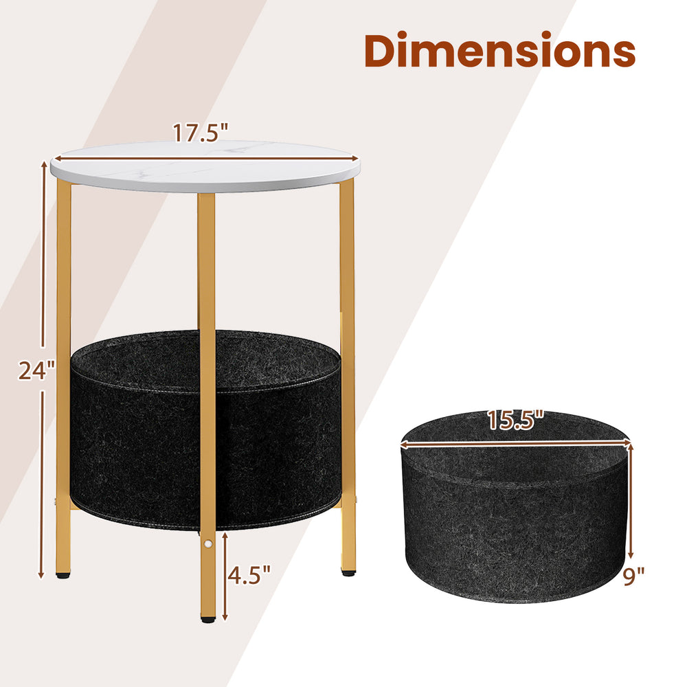 Round end table with a white top, metal frame, and removable black felt basket for versatile storage and stylish decor.