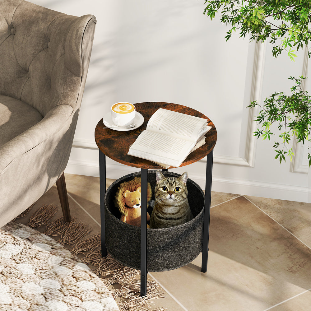 Round End Table 2-Tier Side Table with Removable Fabric Basket and Metal Frame-Rustic Brown - Gallery View 1 of 10