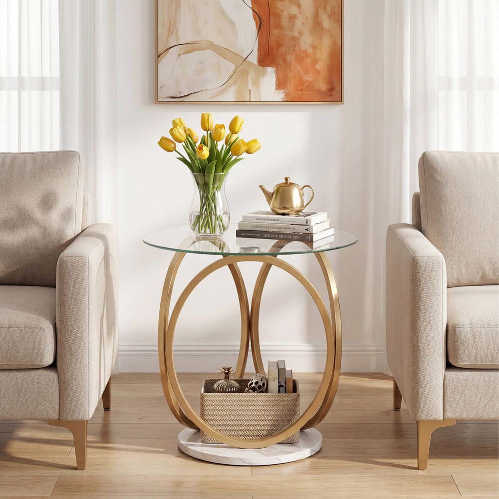 Round end table with tempered glass top and faux marble base, featuring a gold metal frame for modern decor.