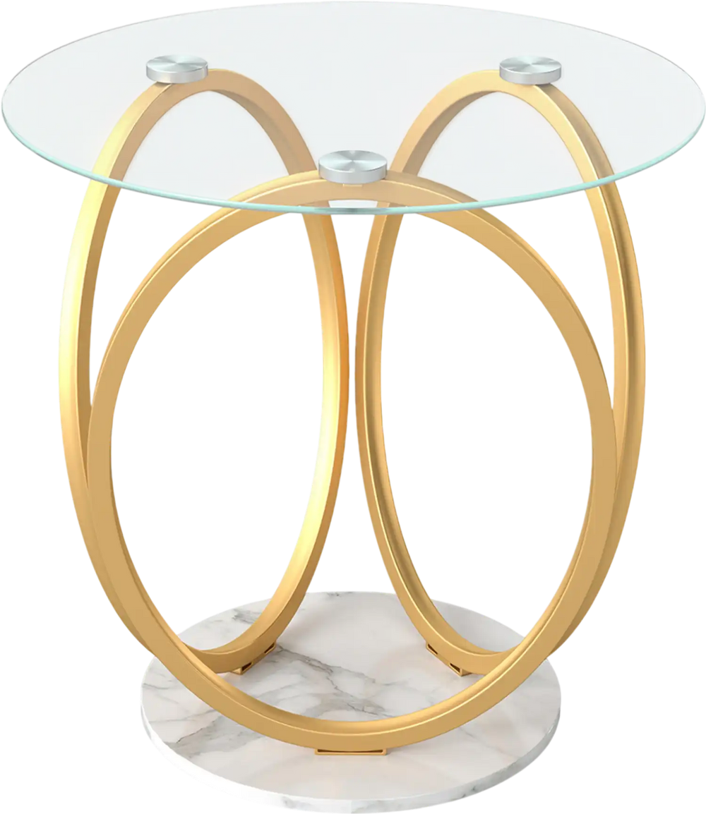 Round end table with faux marble base and tempered glass tabletop, featuring a gold metal frame for modern decor.
