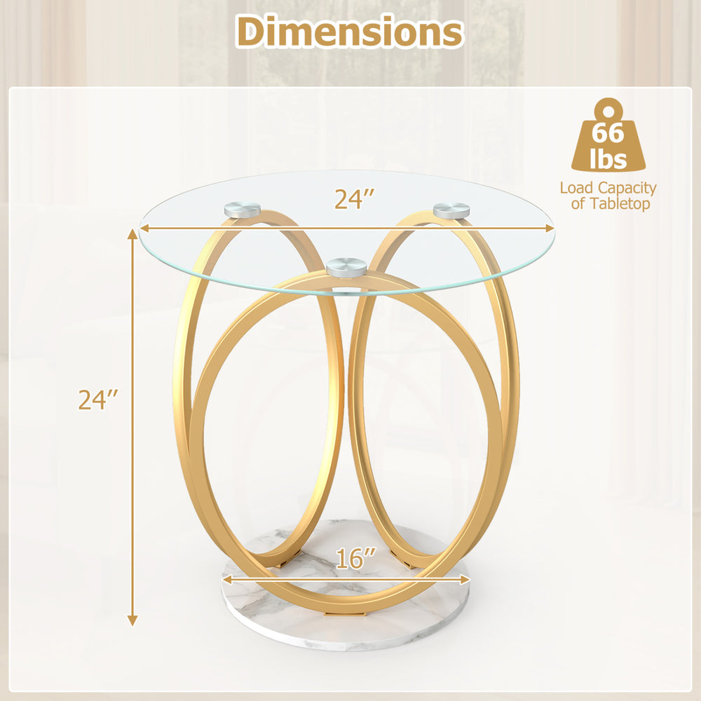 Round end table with gold metal frame and faux marble base, featuring a 24-inch tempered glass tabletop for stylish.
