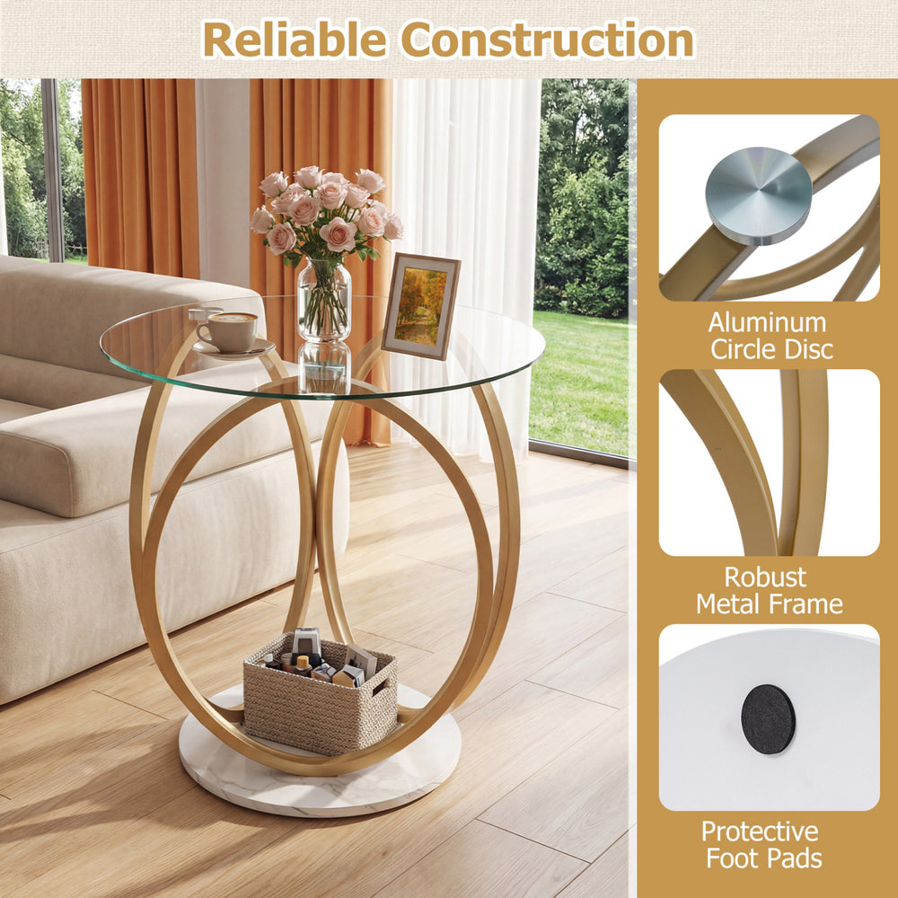 Round end table with tempered glass top and faux marble base, featuring a gold metal frame and protective foot pads.