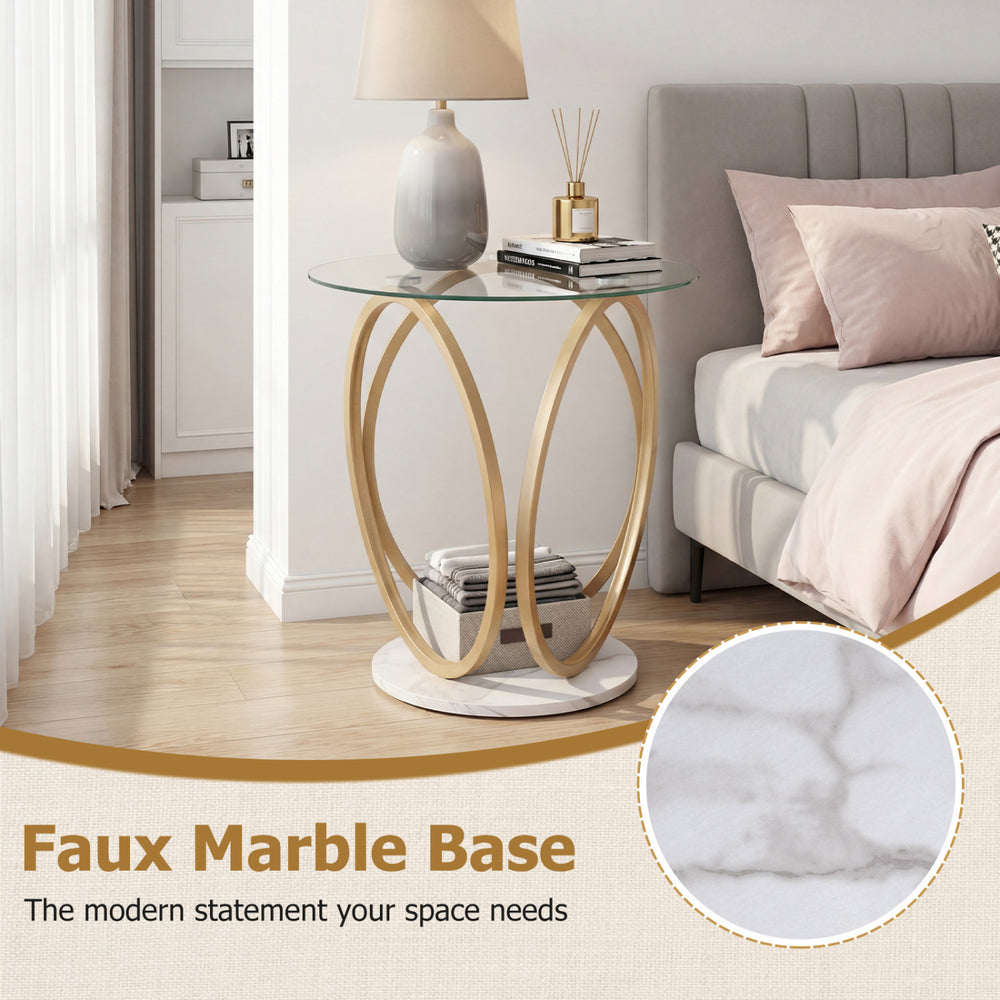Round end table with faux marble base and tempered glass tabletop, perfect for modern living spaces.