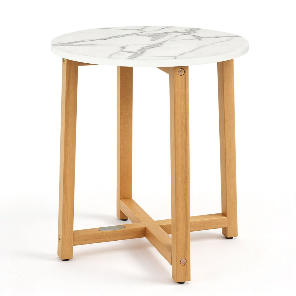 Round end table featuring a 16" faux marble top and solid acacia wood legs, perfect for versatile living room use.