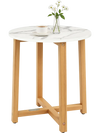 Round end table showcasing a sleek design with a faux marble top and acacia wood legs, perfect for compact spaces.