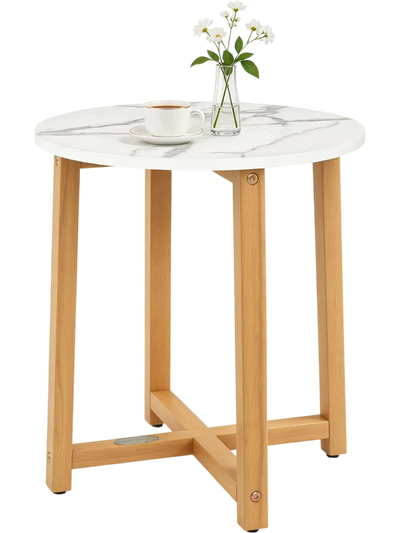 Costway Round End Side Table Faux Marble Top Acacia Wood Legs 63801504 New