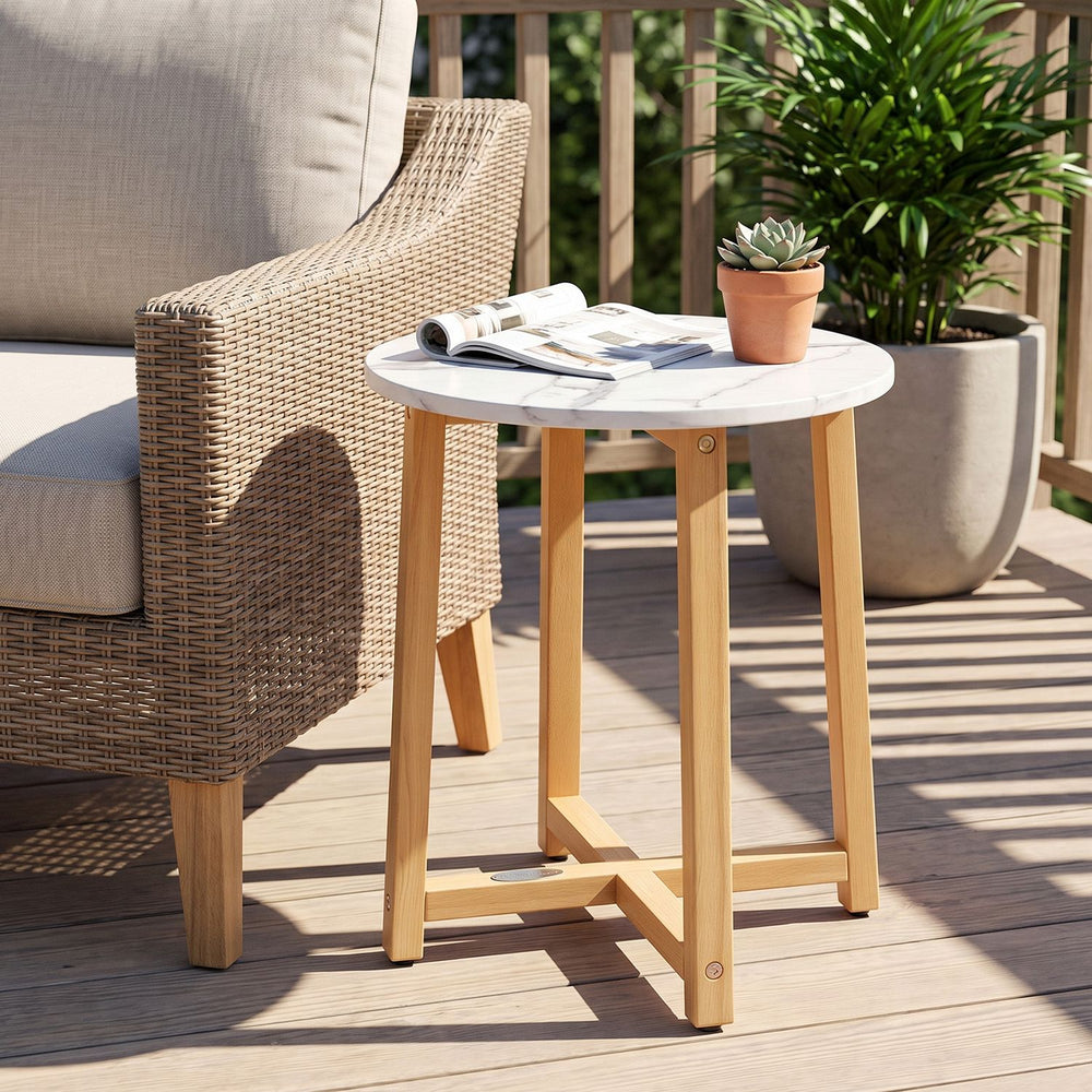 Round end table with a 16" faux marble top and acacia wood legs, ideal for living room or outdoor use.