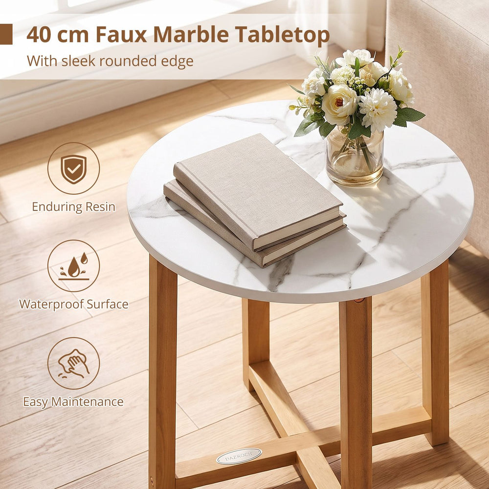 Round end table with a 16" faux marble tabletop and acacia wood legs, featuring a waterproof surface for easy maintenance.