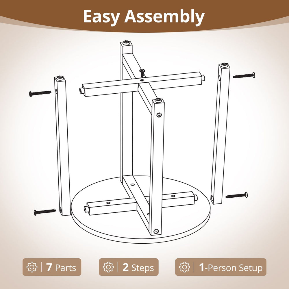 Round end table assembly diagram showcasing 7 parts and 2 steps for easy setup with acacia wood legs and faux marble top.