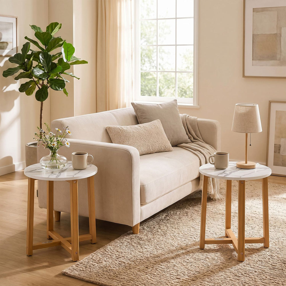 Round End Table with Faux Marble Top and Acacia Wood Legs-2 Pieces - Gallery View 1 of 6