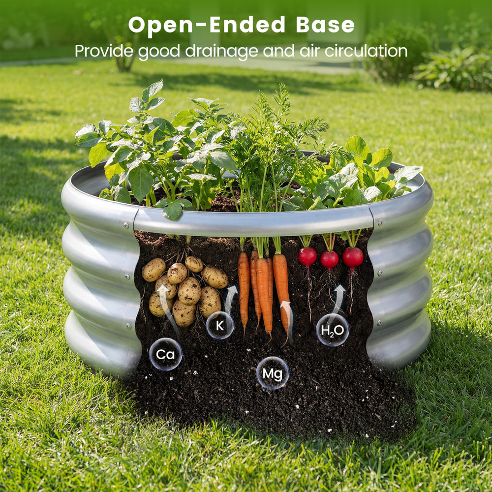 Round galvanized raised garden bed with open-ended base, showcasing soil layers and plants for optimal drainage and air.