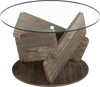 Round glass coffee table with a gray rubberwood base and tempered glass top, ideal for modern living rooms or offices.