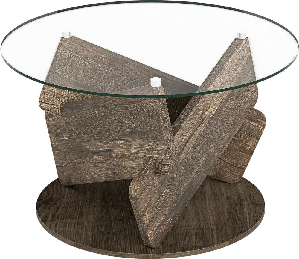 Round glass coffee table with a gray rubberwood base and tempered glass top, ideal for modern living rooms or offices.