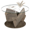 Round glass coffee table with a gray rubberwood base, featuring a 32-inch tempered glass top for stylish interior decor.