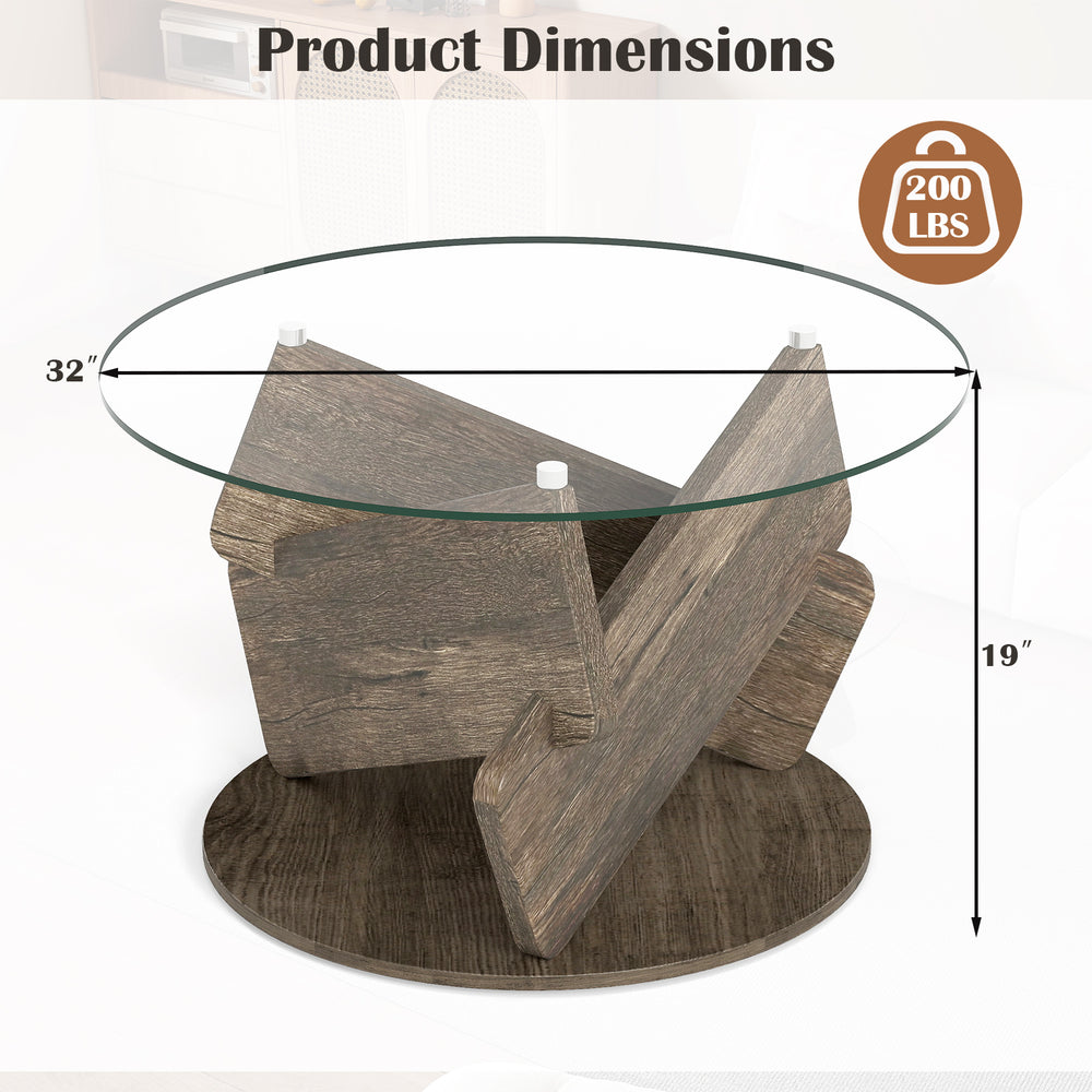 Round glass coffee table with a 32-inch tempered glass top and gray rubberwood base, ideal for modern living spaces.