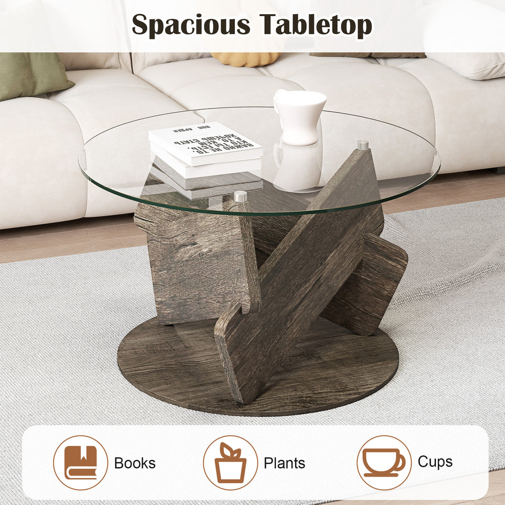 Round glass coffee table with a gray rubberwood base and tempered glass top, perfect for living room decor.