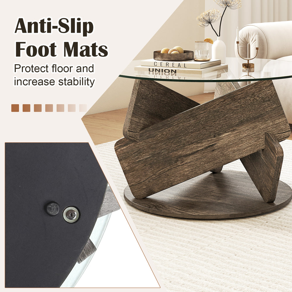 Round glass coffee table with a gray rubberwood base and anti-slip foot mats, perfect for living room or office use.