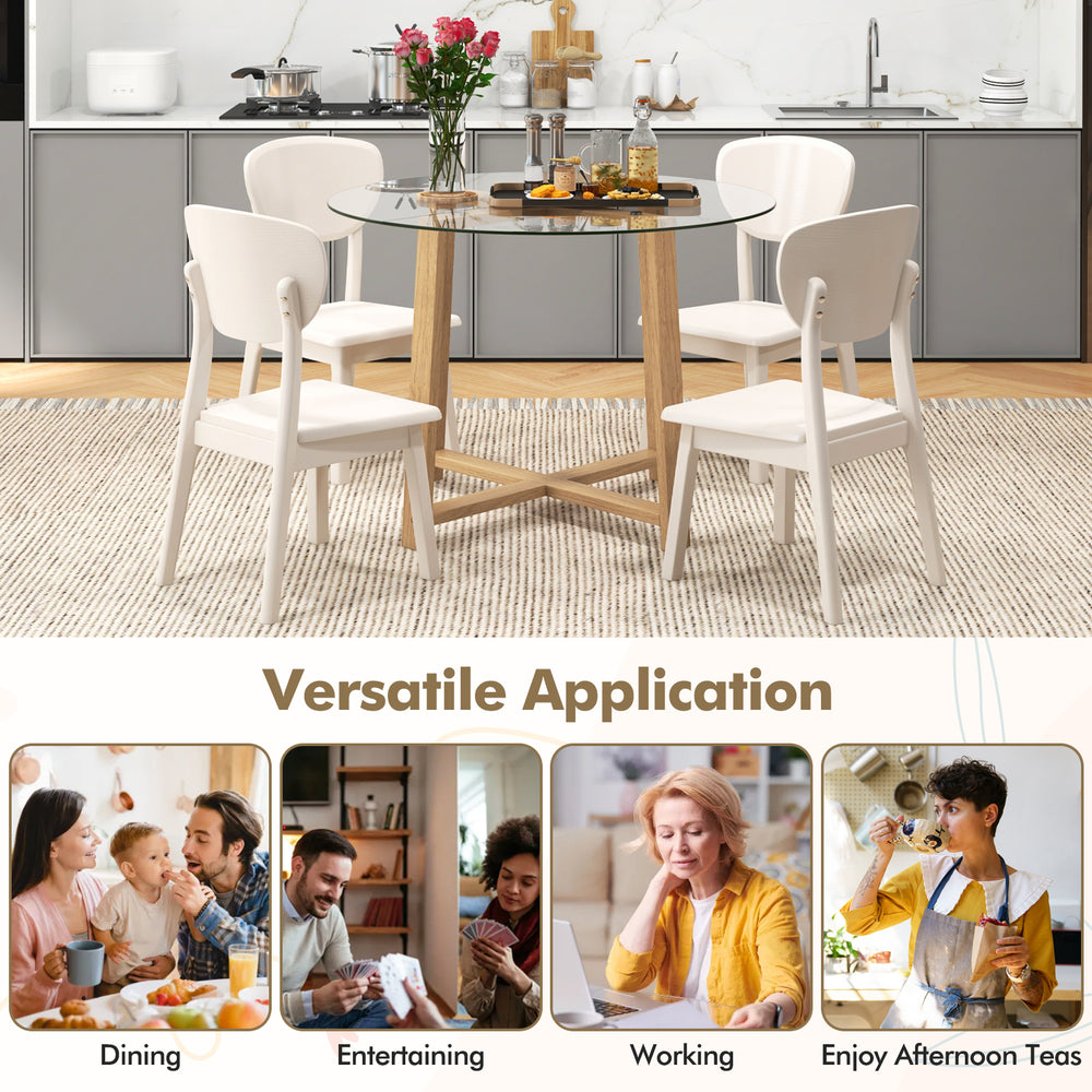 Round 42-inch glass dining table with rubber wood legs, perfect for dining, entertaining, and afternoon teas.