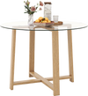 Round 42-inch glass dining table with tempered glass top and natural rubber wood legs, ideal for dining and gatherings.