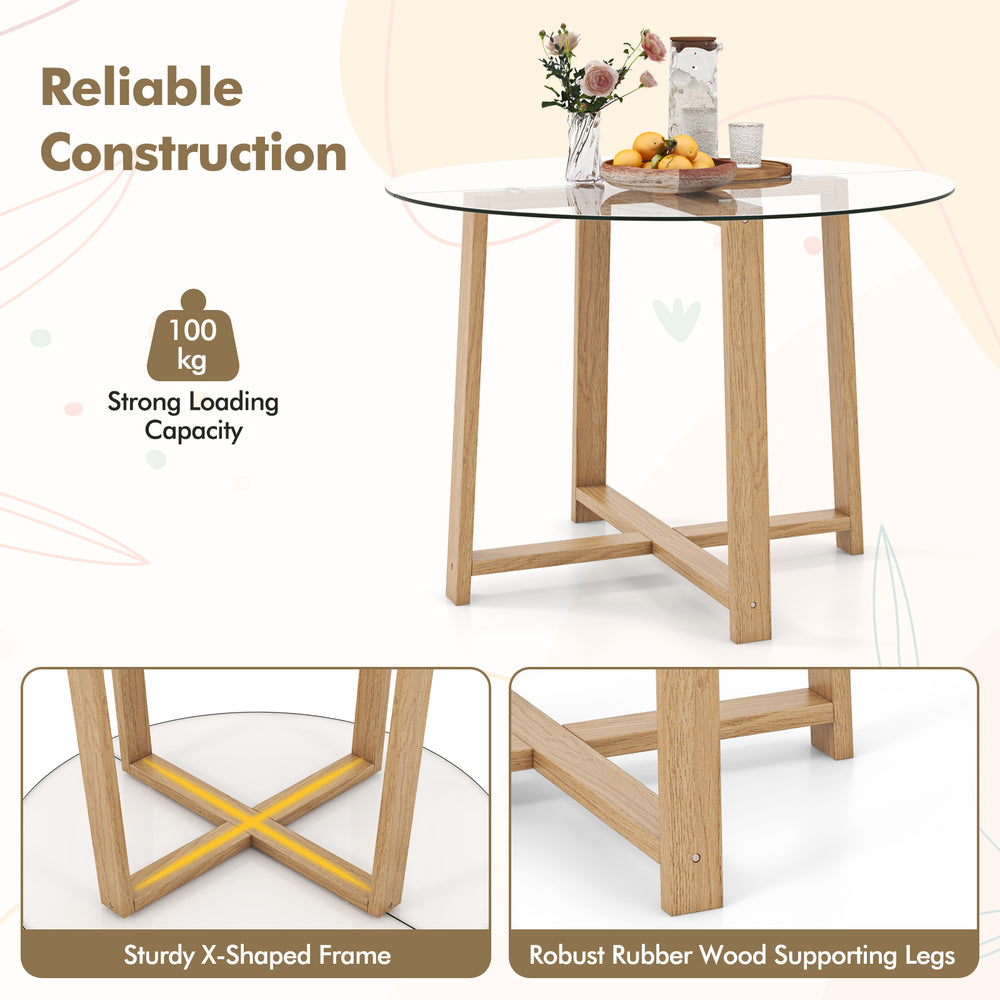 Round 42-inch glass dining table with a sturdy rubber wood frame, ideal for dining and entertaining up to 6 people.