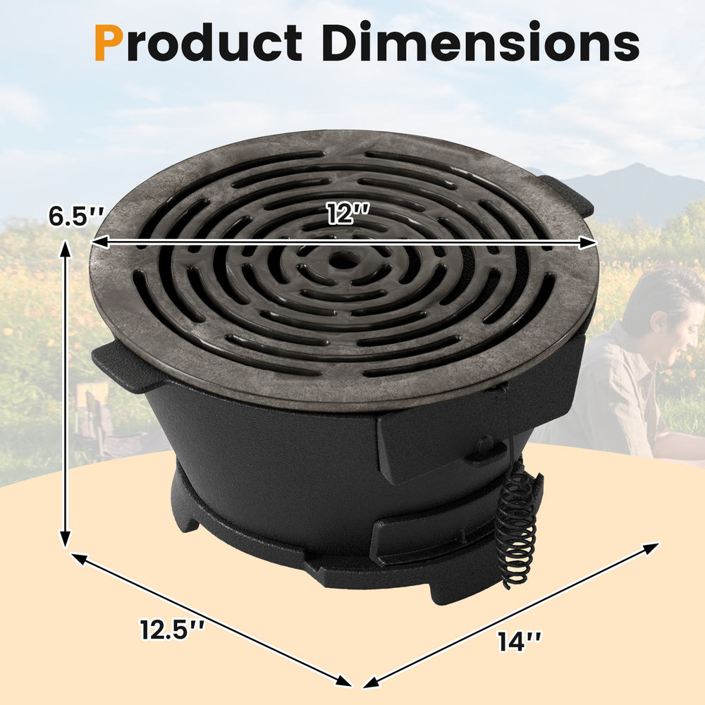 Round hibachi grill dimensions showing 12" double-sided grate, crafted from heat-resistant cast iron for outdoor.