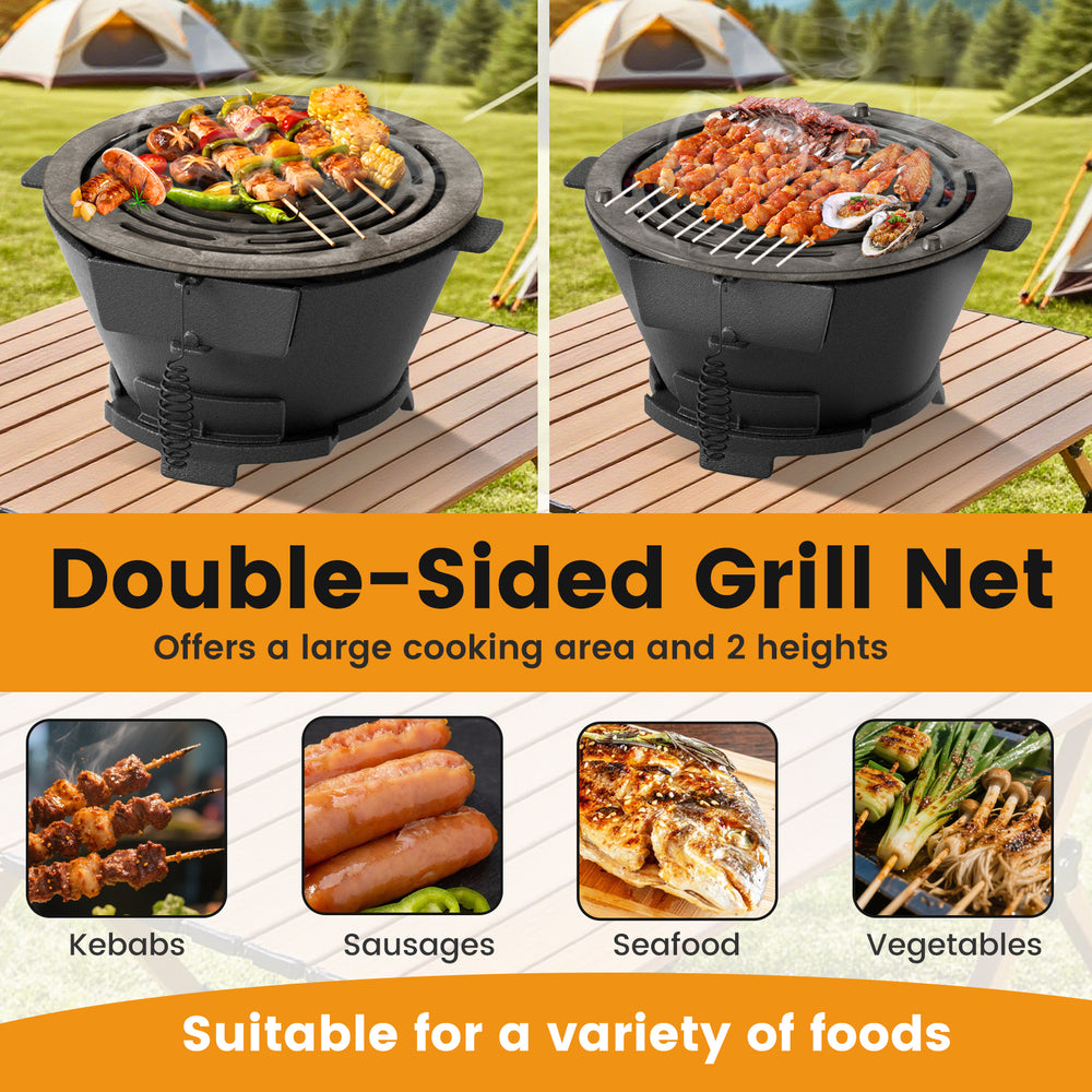 Round hibachi grill with 12-inch double-sided grate, heat-resistant cast iron, perfect for outdoor cooking.
