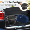 Round portable hibachi grill with 12-inch double-sided grate, designed for easy transport and efficient outdoor cooking.