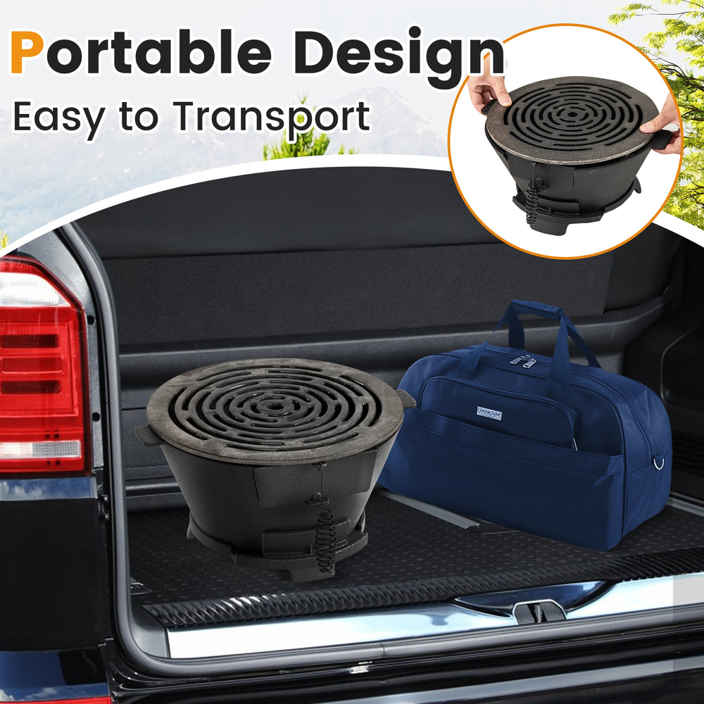 Round portable hibachi grill with 12-inch double-sided grate, designed for easy transport and efficient outdoor cooking.