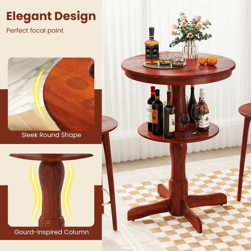 Round high top bar table in espresso with storage shelf, gourd-inspired column, perfect for kitchens and dining areas.