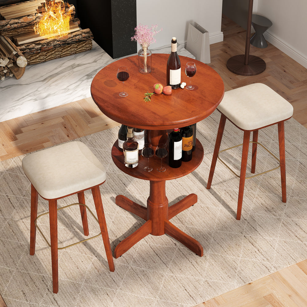 Round high top bar table in espresso with storage shelf, sturdy rubber wood, perfect for dining or pub settings.