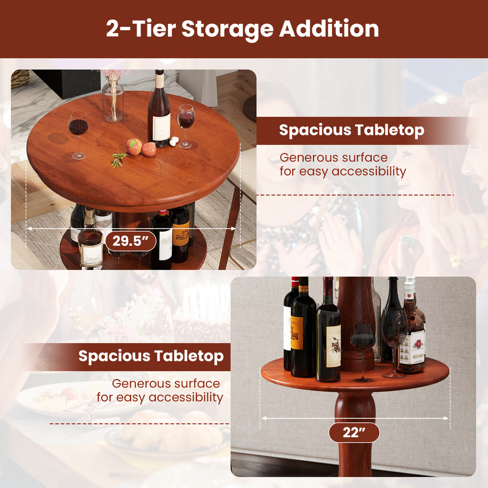 2-Tier round high top bar table in espresso with spacious tabletop and under-table shelf for organizing bottles and.