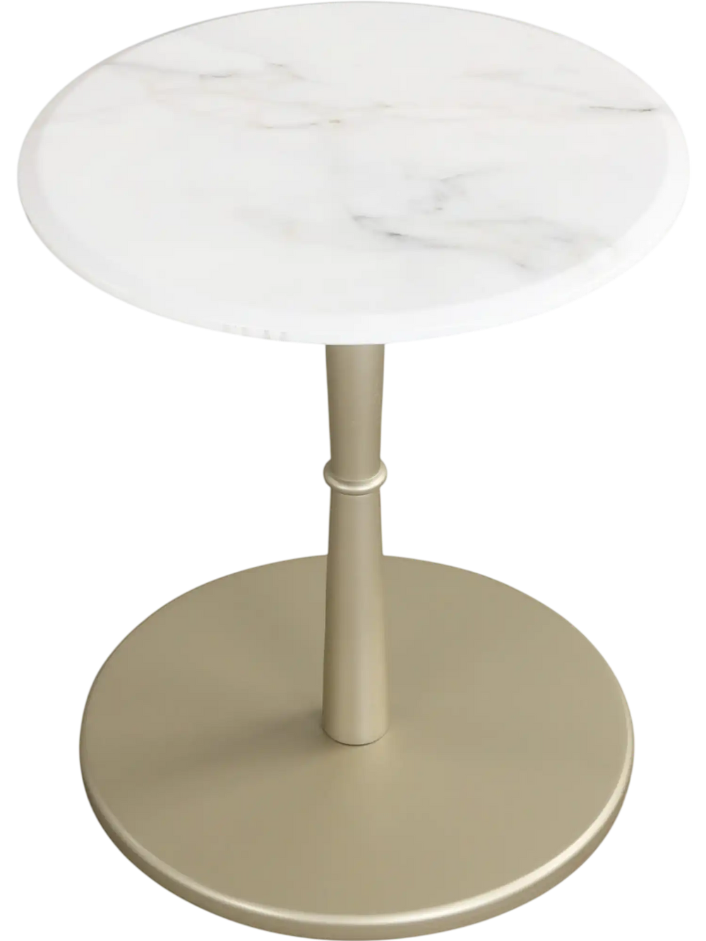 Round marble side table with stone finish and wooden base in white and gold, perfect for small spaces.