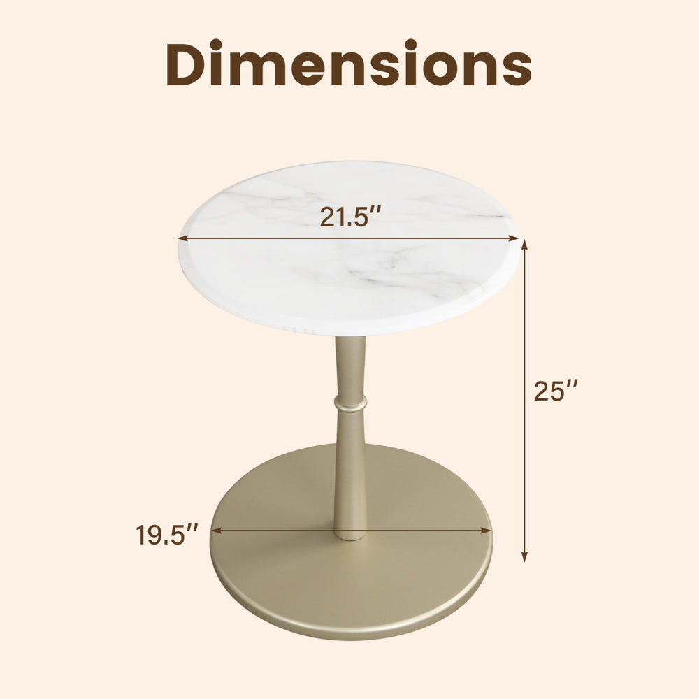 Round marble side table with stone finish, featuring a wooden base, dimensions 21.5" x 25" for small spaces.
