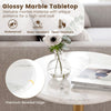 Round marble side table with a glossy stone finish and wooden base, featuring a premium beveled edge for small spaces.